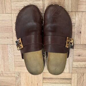 Tory Burch Brown Mules with Gold Accents